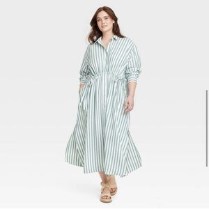 🌻 Beachy Cinch Waist Green Striped Cotton Shirtdress or Duster - XXL